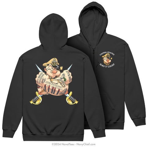 "Tattooed Popeye" Zippered Hoodie | Black