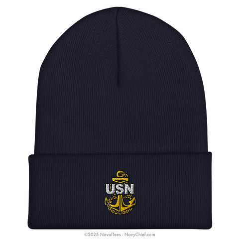 "Embroidered Anchor" Cuffed Beanie - Navy