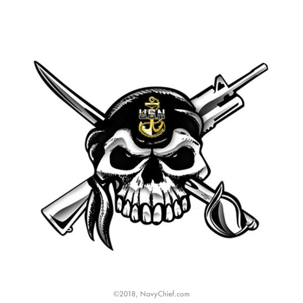 5" x 7" Skull and Crossed Cutlass and M4 Color Window Sticker - NavyChief.com - Navy Pride, Chief Pride.