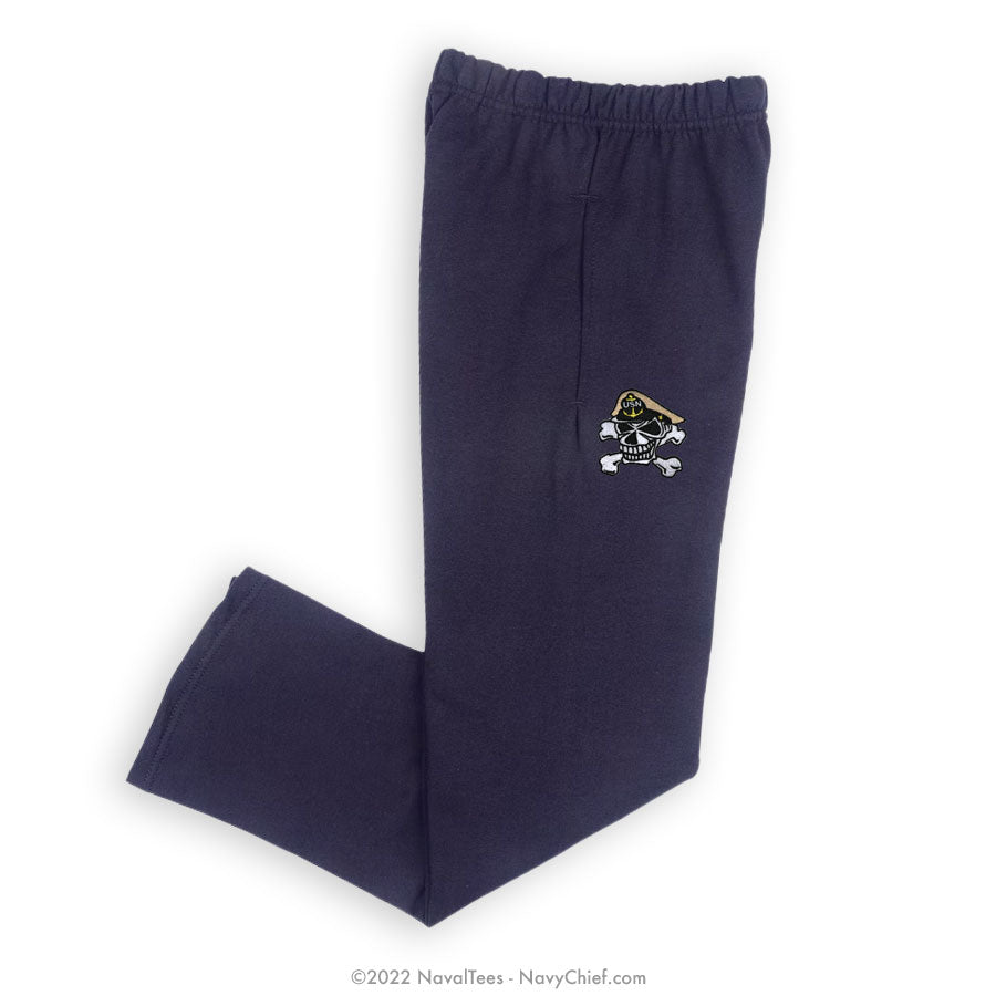 Embroidered Skull Sweatpants - Navy –