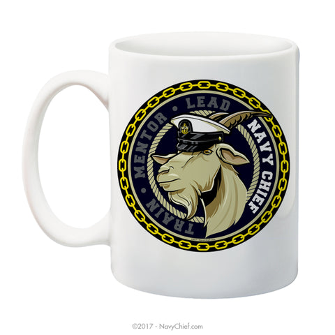 "Train-Mentor-Lead" Male Goat - 15 oz Coffee Mug - NavyChief.com - Navy Pride, Chief Pride.