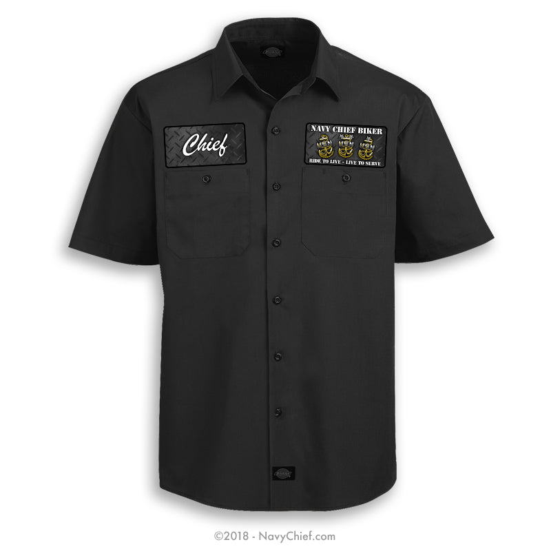 "Navy Chief Biker" Dickies Work Shirt, Black - NavyChief.com - Navy Pride, Chief Pride.