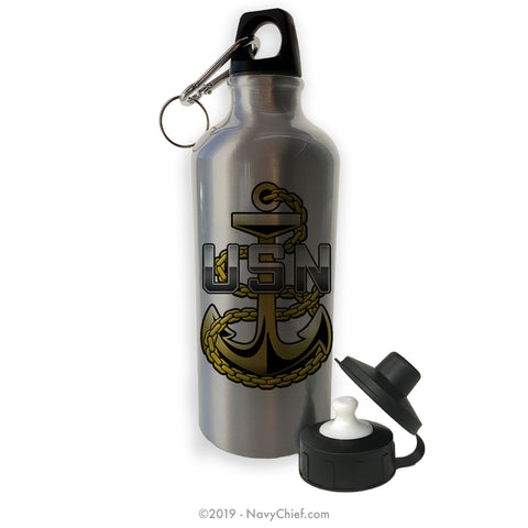 "CPO Anchor" Aluminum Water Bottle - Silver - NavyChief.com - Navy Pride, Chief Pride.