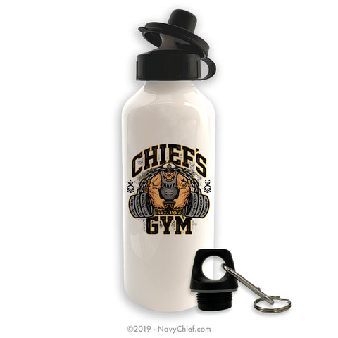 "Chiefs Gym" Aluminum Water Bottle - White - NavyChief.com - Navy Pride, Chief Pride.