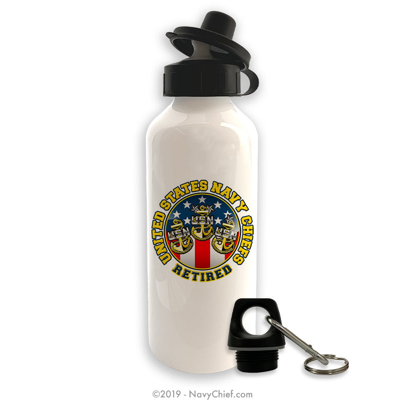 "Retired" Aluminum Water Bottle - White - NavyChief.com - Navy Pride, Chief Pride.