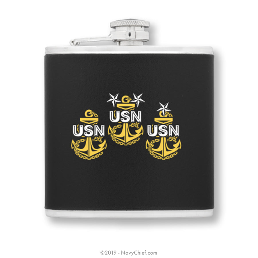 6 oz. Stainless Steel and Leather Hip Flask - NavyChief.com - Navy Pride, Chief Pride.